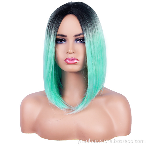 Wholesale cheap anime party gradient black to Green bob short straight synthetic shoulder-length hair cosplay wig